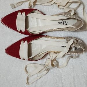 Manolo Blahnik Red and Cream Pointed Espadrille Flats with Lace Ties
